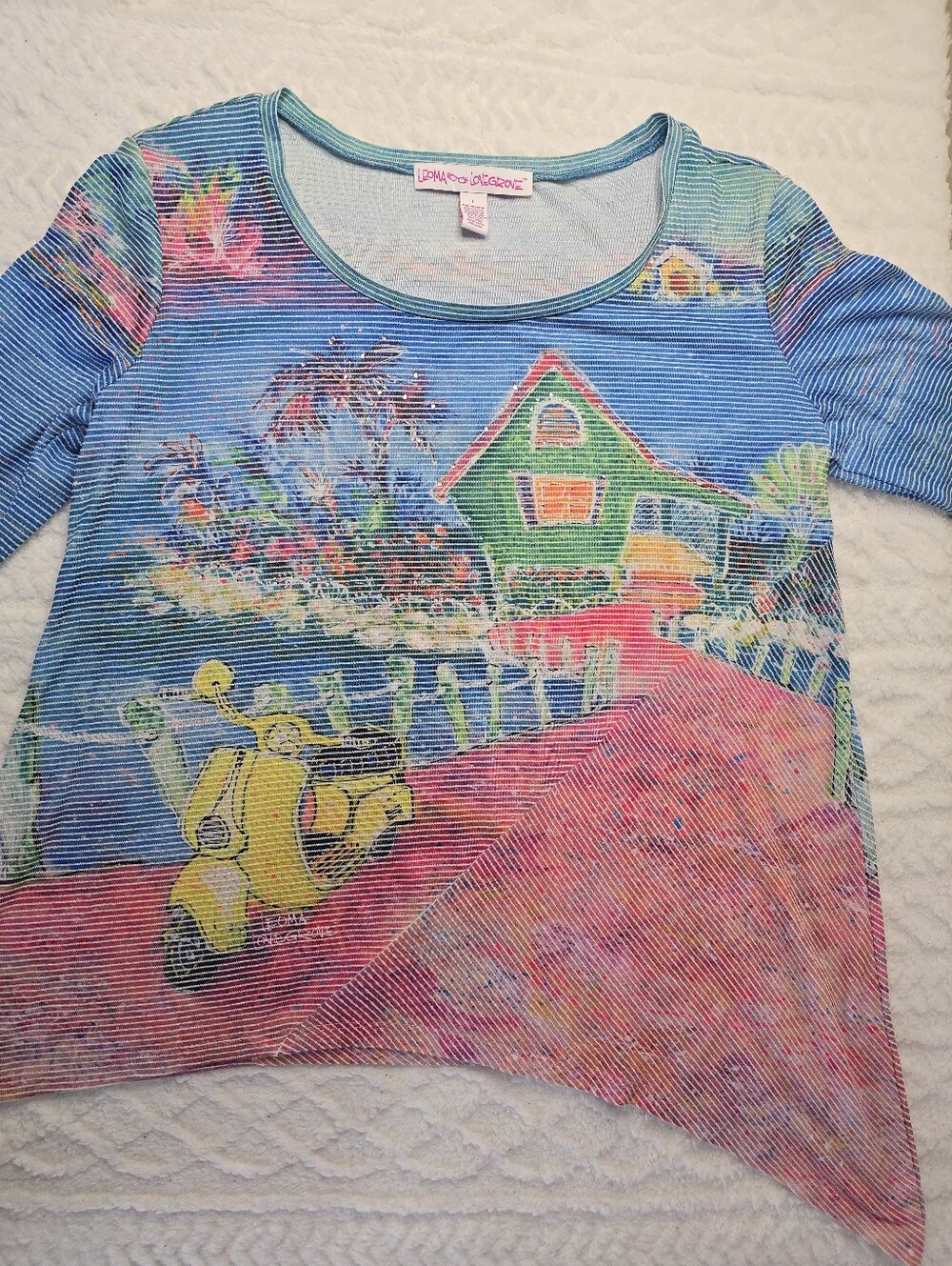 Leoma Lovegrove Tunic Top Blue Pink 3/4 Sleeve Scoop Neck Hanky Hem Tropical L